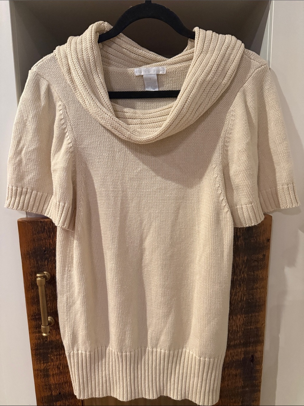 Cream Short-Sleeve Cowl Neck Knit Sweater